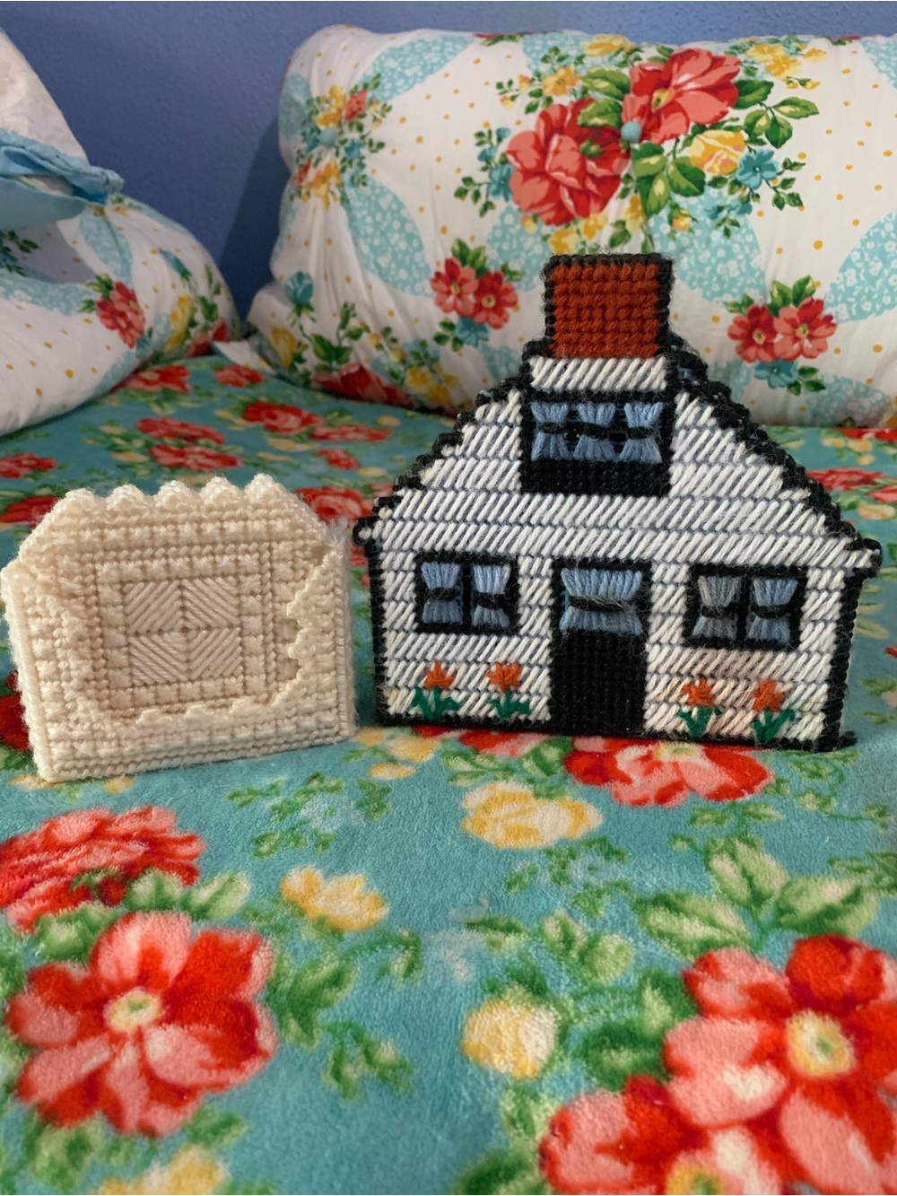 Vintage Handmade Plastic Canvas Needlepoint Napkin Letter Holder & Coasters